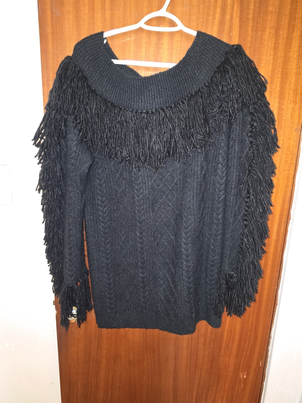 Fashion Nova Black Off-Shoulder Fringe Knit Sweater Dress